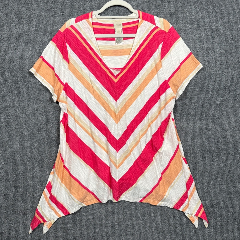 Chico's Size 4 US XXL Top Red White Chevron Cotton Blend Handkerchief Hem V Neck